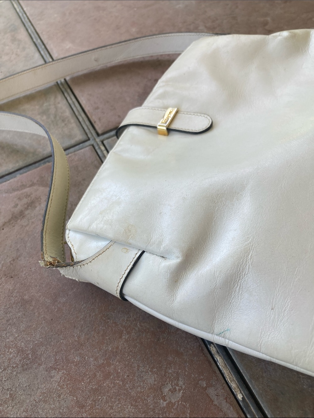 Distressed Salvatore Ferragamo Cream Leather Crossbody with Gold Hardware - Picture 10 of 10
